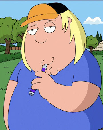 a cartoon character wearing a baseball cap and a blue shirt is smoking an electronic cigarette