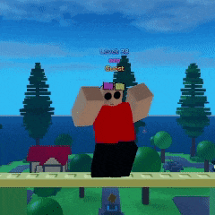 a cartoon character wearing sunglasses and a red shirt is standing on a ledge in front of trees and a body of water
