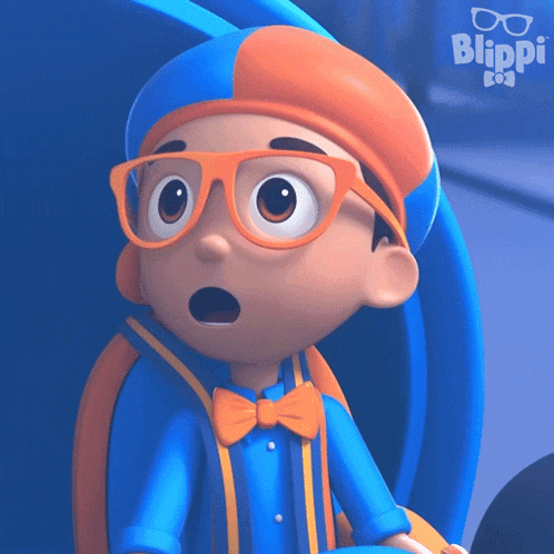 a close up of a blippi cartoon character with glasses