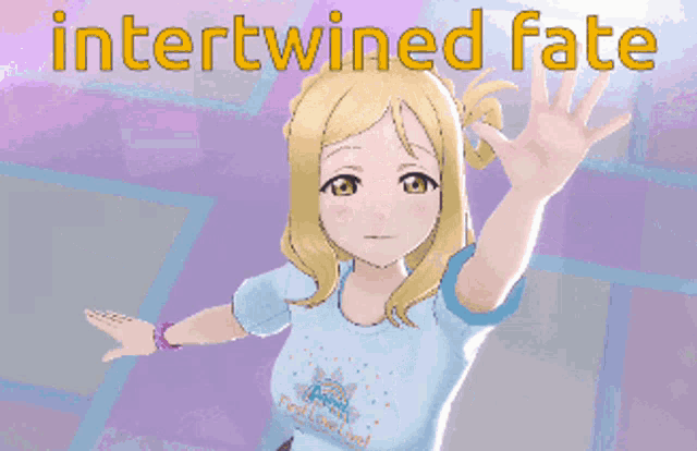 a pixel art of a girl with the words intertwined fate behind her