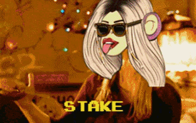 a cartoon of a woman with a tongue sticking out and the word stake in the corner