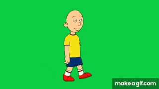 a cartoon character is walking on a green screen . he is wearing a yellow shirt and blue shorts .