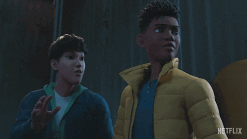 a man in a yellow jacket says shh in front of another man