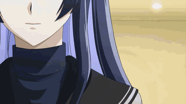 a close up of a girl 's face with blue hair and a black turtleneck