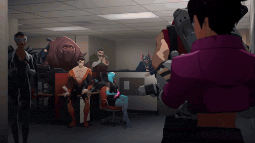 a group of cartoon characters are in a room with a man in a pink jacket