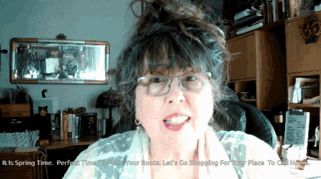 a woman wearing glasses says it is spring time perfect time to place your roots let 's go shopping for your place to chill here