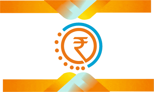 a blue and orange circle with a rupee sign in it