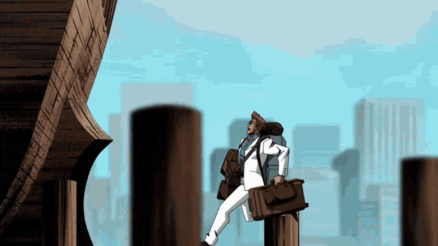 a cartoon of a man carrying a suitcase and backpack