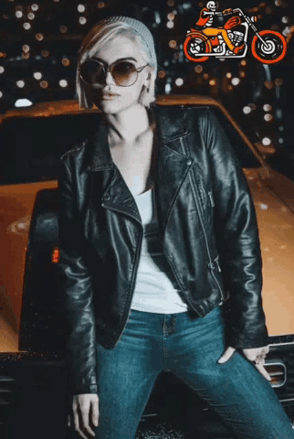 a woman in a leather jacket stands in front of a car