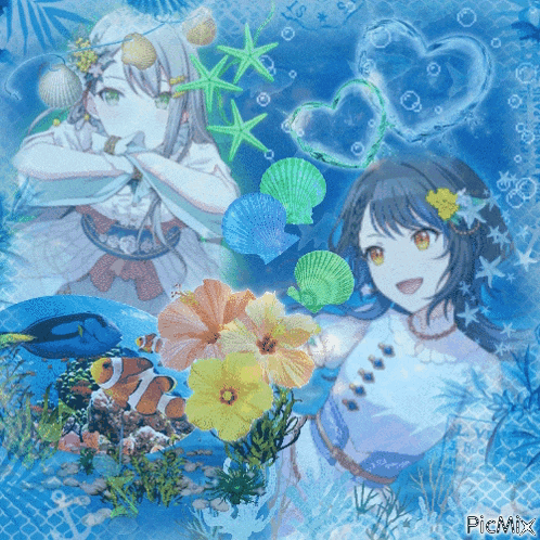 a girl in a white dress is surrounded by seashells and fish