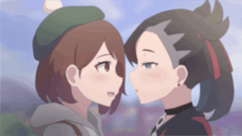 a couple of anime characters looking at each other with one wearing a green hat