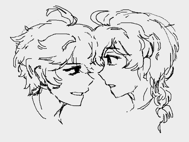 a black and white drawing of a boy and a girl looking at each other