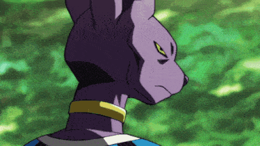 a close up of a purple cat with a yellow eye on a green background
