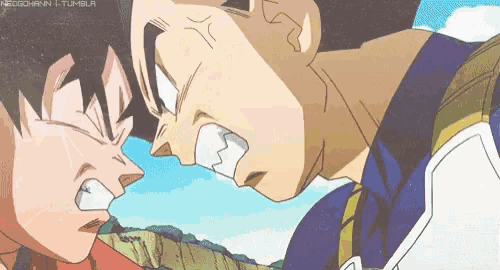 a cartoon of goku and vegeta facing each other with their mouths open .