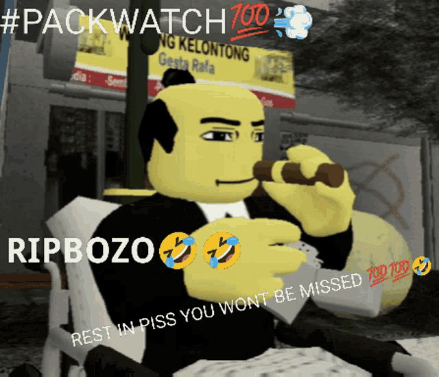 a cartoon of a man sitting in a chair with the words rip bozo written on the bottom