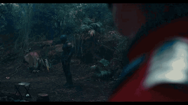 a man in a red jacket is standing in the dark