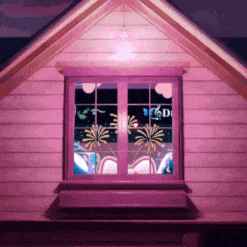 a pink house with a window that shows fireworks and the letter d on it