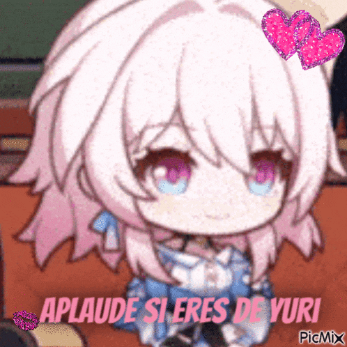 a picture of a girl with a heart on her head and the words " aplaude si eres de yuri " on the bottom