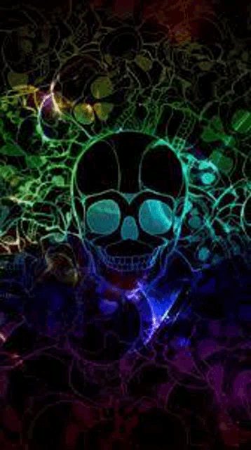 a colorful skull is surrounded by colorful skulls on a black background .