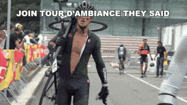 a shirtless man carrying a bike with the words join tour d' ambiance they said above him