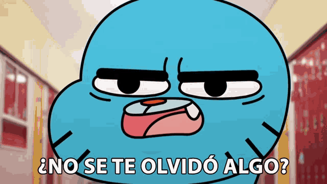 a cartoon character says no se te olvido algo in a hallway