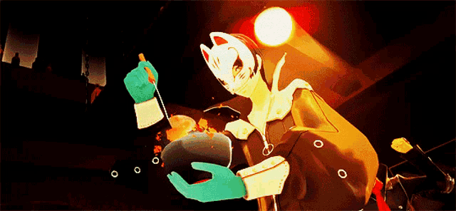 a man wearing a fox mask is holding a bowl