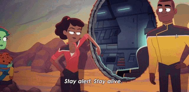 a cartoon character says " stay alert stay alive " while standing next to another character