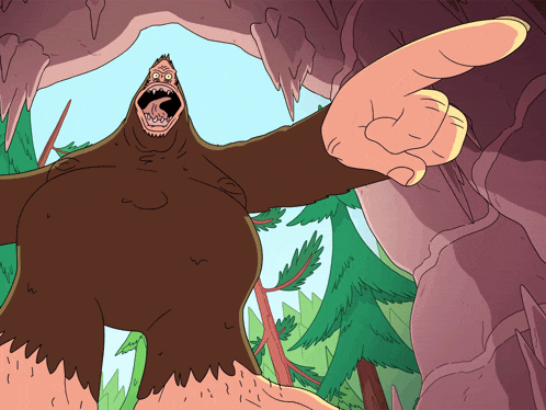 a cartoon drawing of a bigfoot pointing his finger