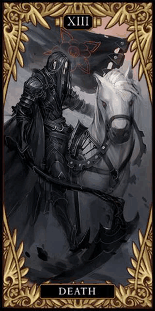 a knight is riding a white horse with a scythe in his hand .