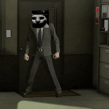 a man in a suit is dancing with a cat on his face