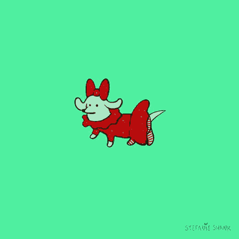 a drawing of a dog wearing a red dress and striped socks