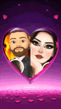 a man and a woman are in a heart with hearts around them