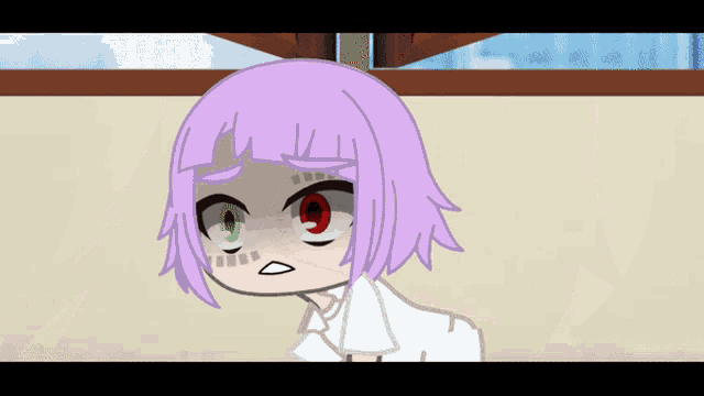 a cartoon character with purple hair and red eyes is standing in front of a window