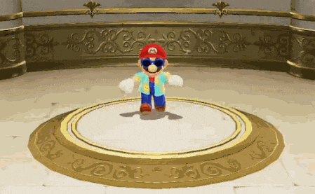 mario wearing sunglasses is standing in a circle