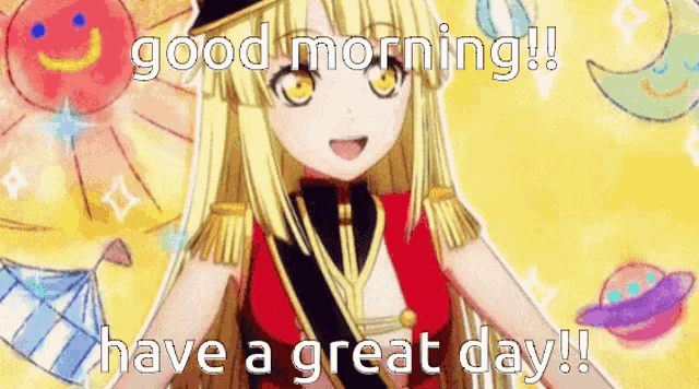 a anime girl is standing in front of a ferris wheel and says good morning have a great day !