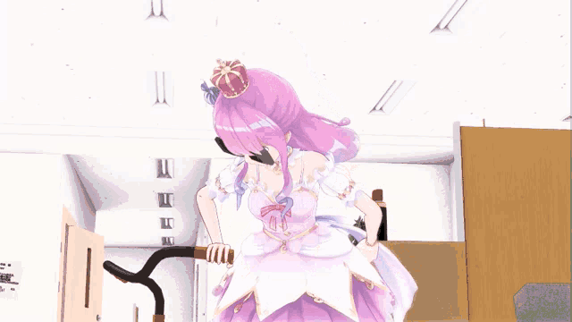 a pink haired anime girl wearing sunglasses and a crown on her head