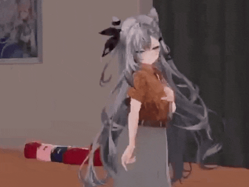 a girl with long hair is dancing in a room with a picture of a girl on the wall behind her .