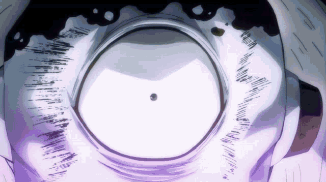 a close up of a cartoon character 's eye with a purple border