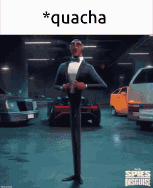 a poster for the movie spies in disguise with a man in a tuxedo