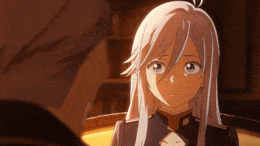 a girl with long white hair is looking at a man in a suit
