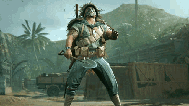 a man with a mask on his face is holding a shovel in his hand
