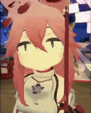 a girl with pink hair is holding a sword in her hand