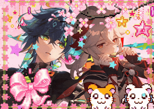 a picture of two anime characters with flowers on their hair