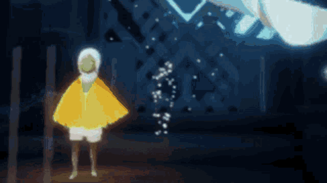 a cartoon character is standing in a dark room with a sword in the background