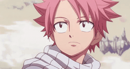 a close up of a anime character with pink hair and a scarf around his neck .