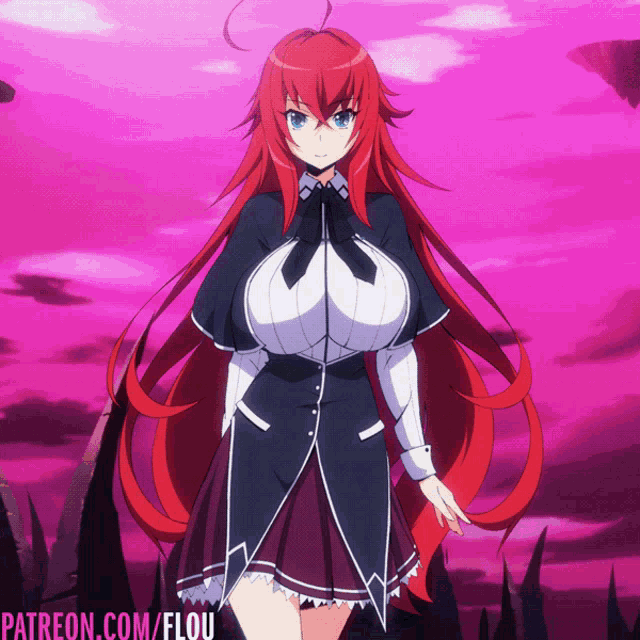 a girl with red hair is standing in front of a purple background with the words patreon.com/flou on the bottom
