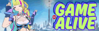 a colorful anime girl is standing in front of a sign that says game alive