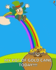 a leprechaun is jumping out of a pot of gold cane with a rainbow behind him .