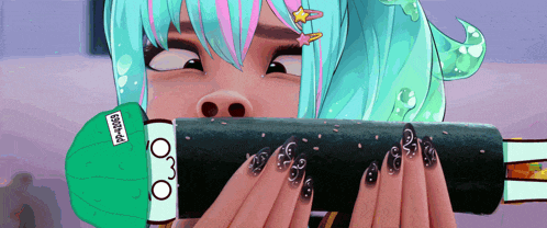 a girl with a green hat that says ' spongebob ' on it is eating a sushi roll