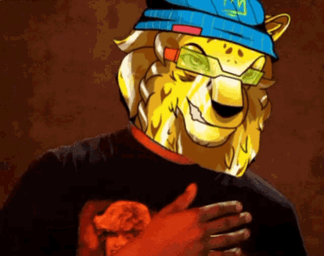 a man with a cheetah mask on his head
